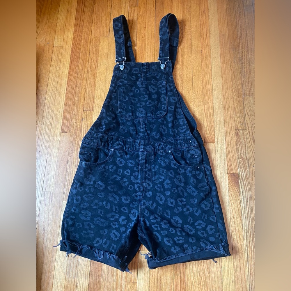 asos short overalls denim with print black leopard print 30” waist
